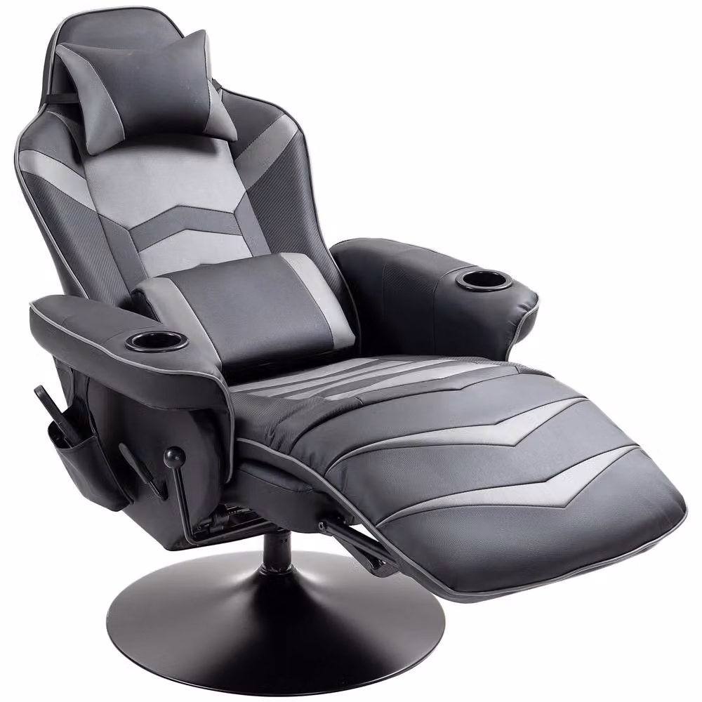 STILVORA Grey Synthetic Leather Massage Recliner Armchair with 360 Degree Swivel Base and Cup Holders – 4