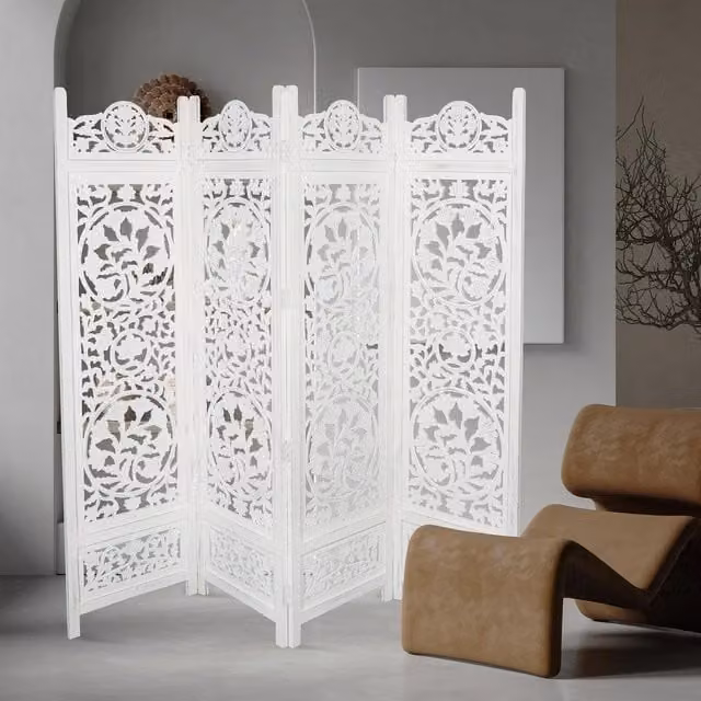Topfurnishing 4 Panel Lotus Carved Wooden Room Divider Screen in White