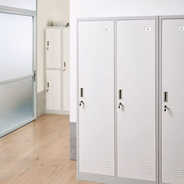 Wyld and Coco Two-Door Lockable Metal Storage Locker in White and Grey, W90 x D45 x H180 cm