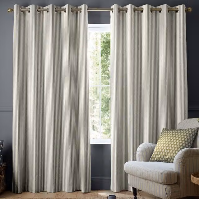 Emily Bond Oscar Stripe Made to Measure Blackout Cotton Fabric Panel Curtains in Pebble (Beige and Grey)