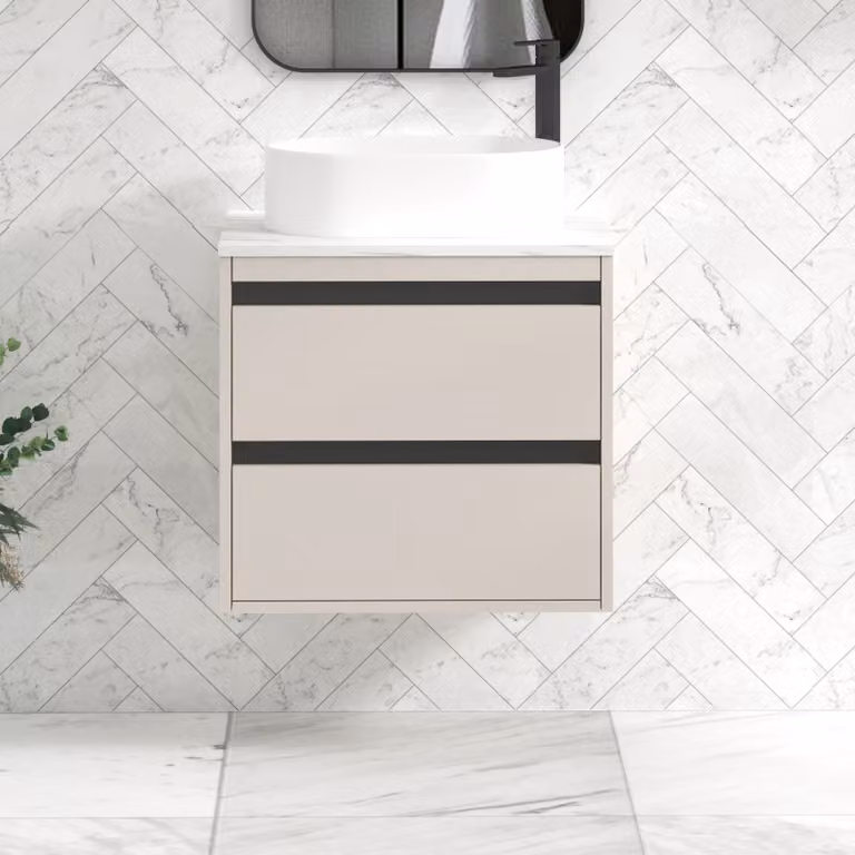 Royal Bathrooms Orion 600mm Warm Taupe Wall Hung Countertop Vanity Unit with 2 Drawers, Peak Basin and Black Accent Trim