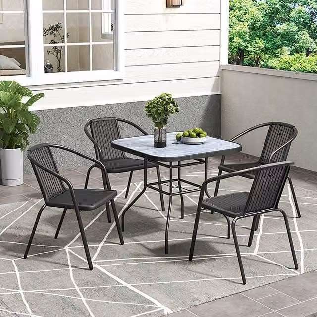 Breeins Grey and Black Rustic Outdoor Square Glass and Metal Table with 4 Chairs