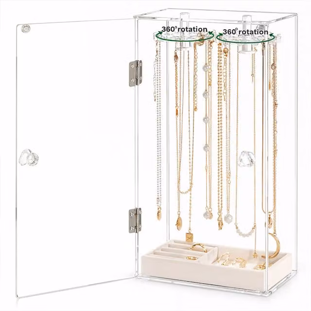 Livingandhome Transparent Acrylic Jewellery Holder with 24 Hooks and Rotating Shelf