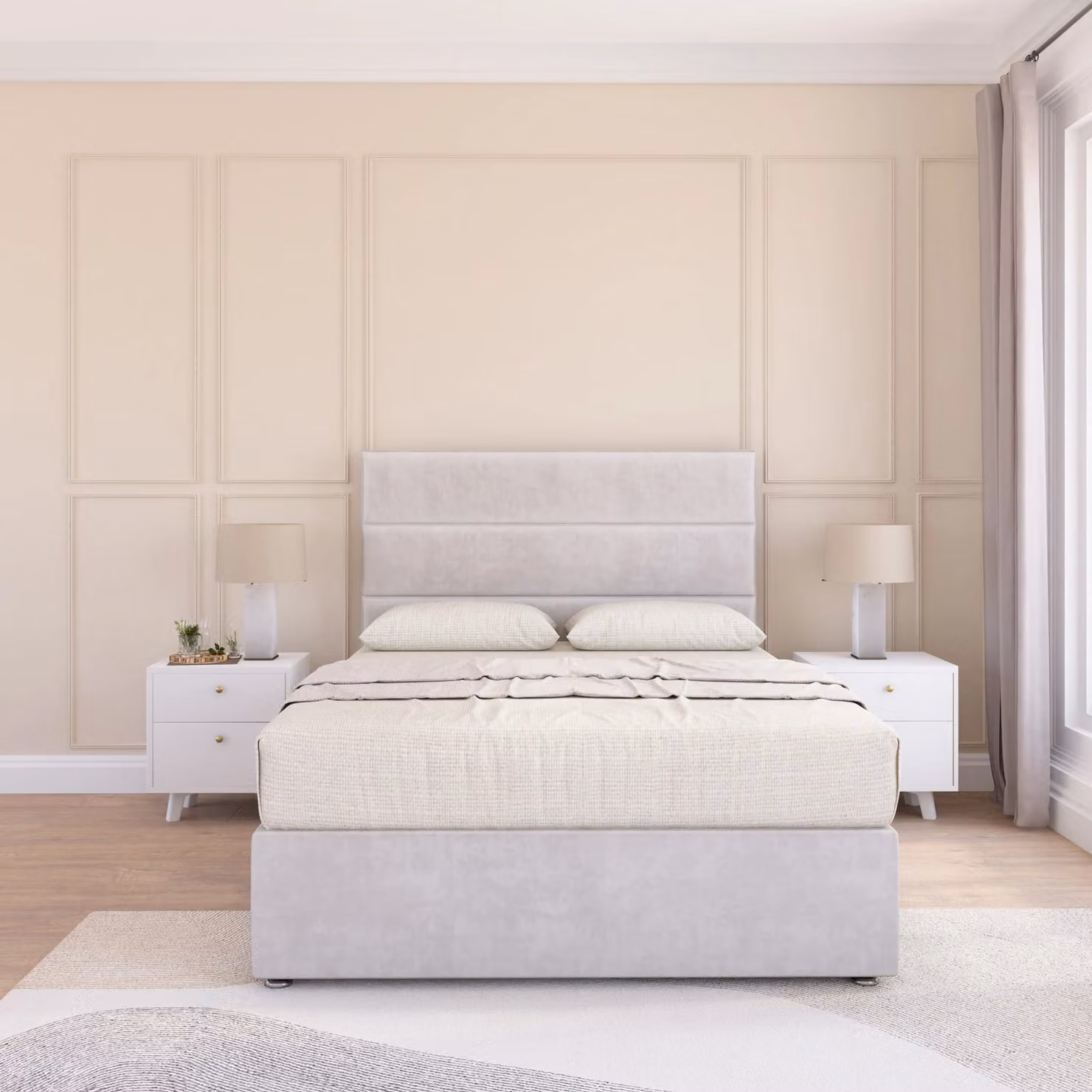 Sloomy Texas Super King Divan Bed Base and 26 inch Struts Headboard in Silver Striped Fabric, W/D/H: 200 x 200 cm