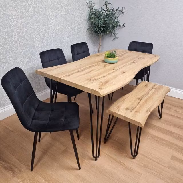 KOSY KOALA Industrial Wooden Dining Set with Rectangular Table, Bench and 4 Black Velvet Chairs in Brown and Black
