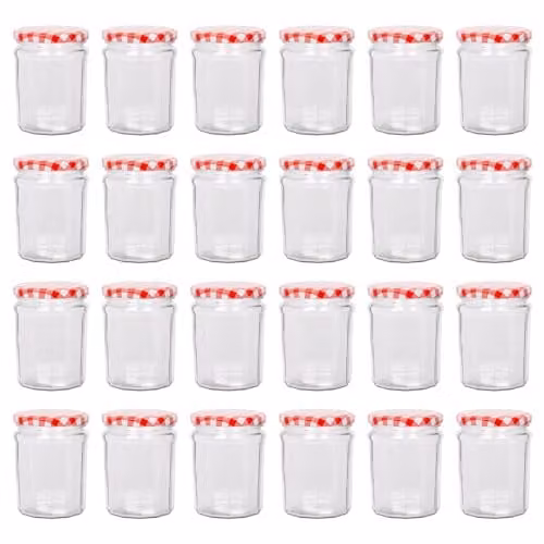 Argon Tableware Set of 24 Airtight Glass Jam Jars with Red Gingham Lids, 380ml