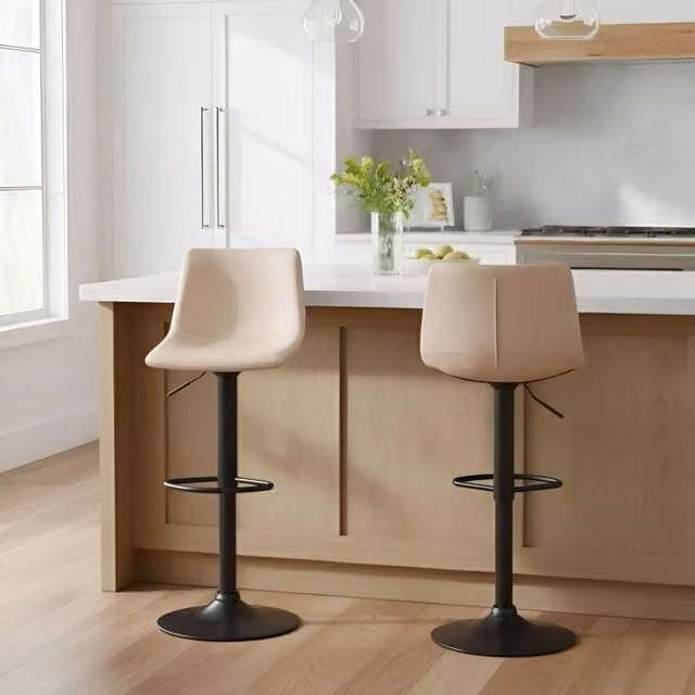Wyld and Coco Set of 2 Light Beige Faux Leather Swivel Bar Stools with Black Gas Lift – 1