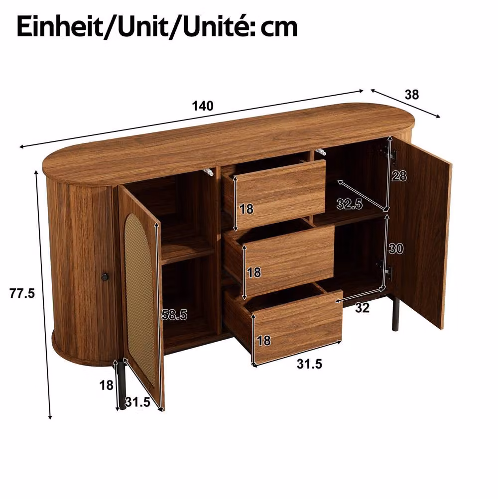 STILVORA Mid-Century Sideboard with Rattan Doors, Drawers and Sliding Doors in Walnut and Black – 3