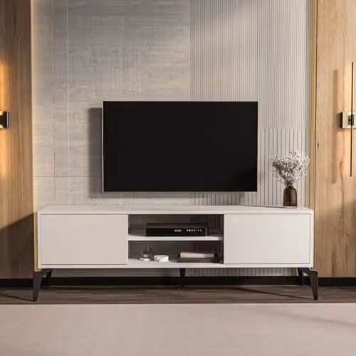 DECOROTIKA Lojo Modern TV Stand in White with Two Cabinets and Two Open Shelves, Width: 160 cm – 1