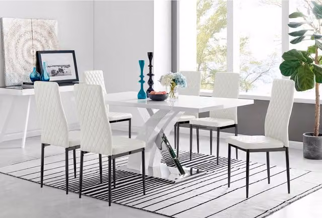 FurnitureboxUK Atlanta White Dining Table with 6 Milan Black Leg Chairs