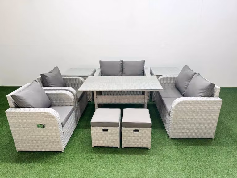 Fimous 8 Seater Rattan Garden Furniture Set in Light Grey with Rectangular Dining Table, 2 Stools and 2 Side Tables