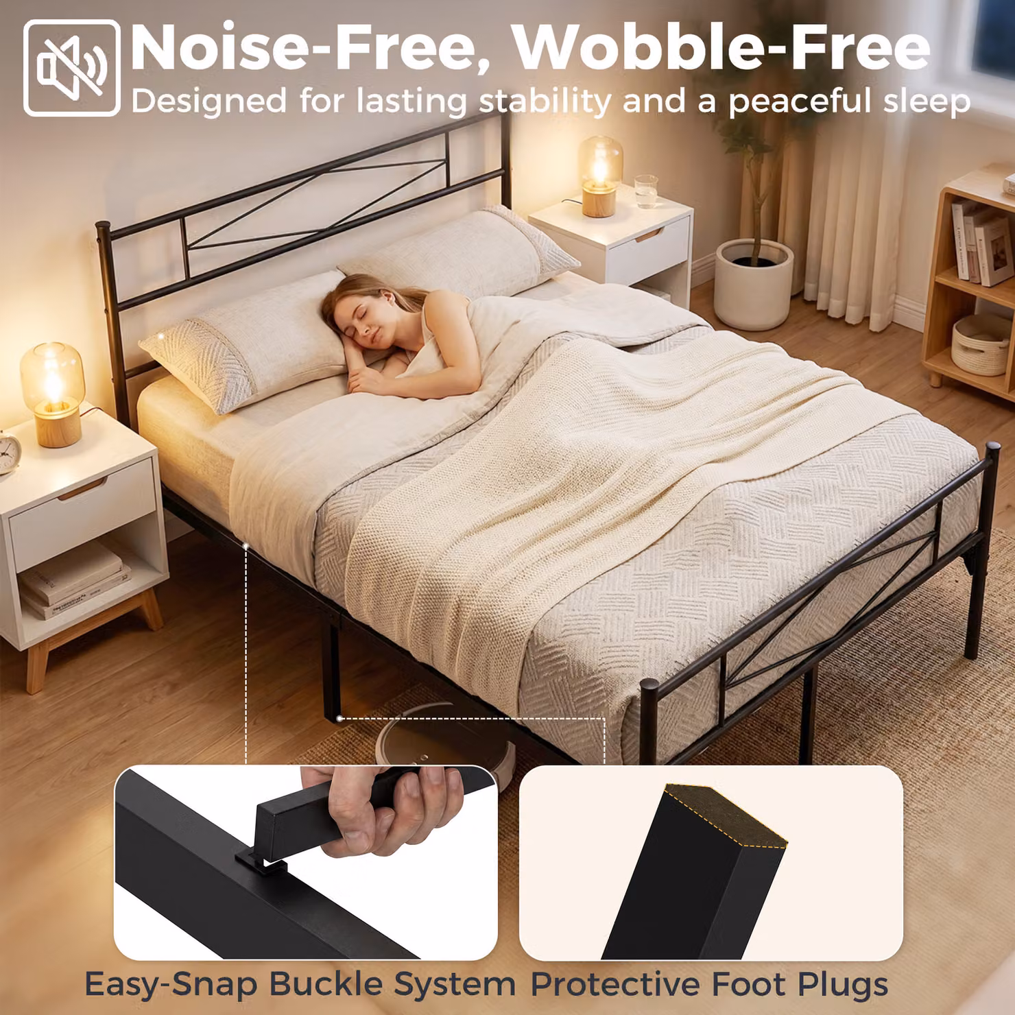 HOMCOM Black Metal Double Bed Frame with Headboard and Footboard, W/D/H: 140 x 200 x 32 cm – 4