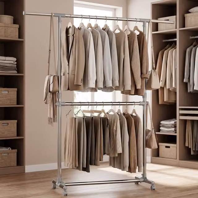 SONGMICS Double Clothes Rail with Extendable Top Rail in Grey