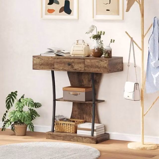 FORGEVIO Industrial 3-Tier Console Table with Drawer in Black and Brown