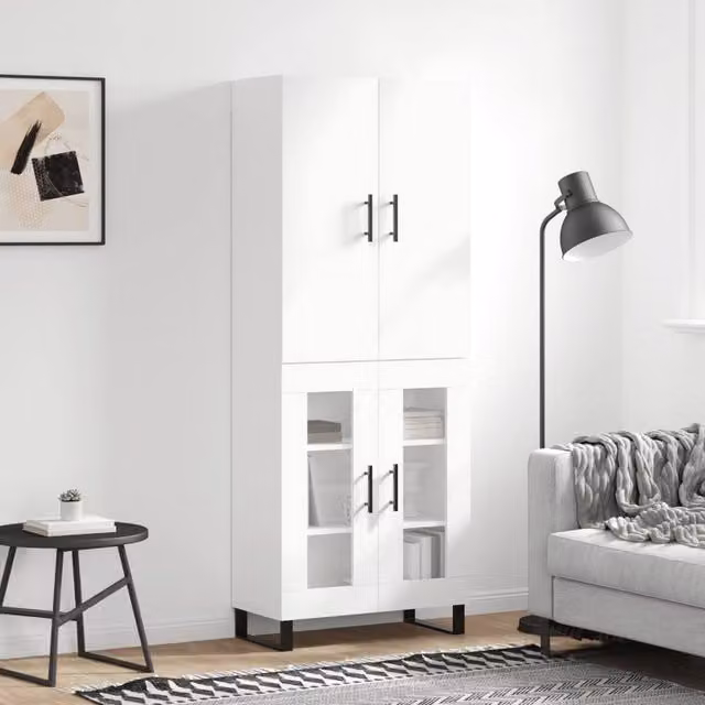 Berkfield Home Modern White Highboard with Glass Doors, W/D/H: 69.5 x 34 x 180 cm