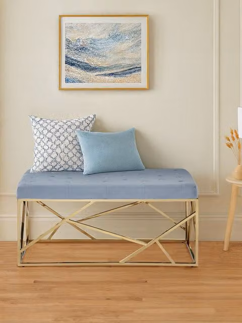 Orsina Luxe Gold and Powder Blue Velvet Bench, Modern Upholstered Accent Bench for Dining Rooms or Terraces, W/D/H: 150 x 44 x 46 cm
