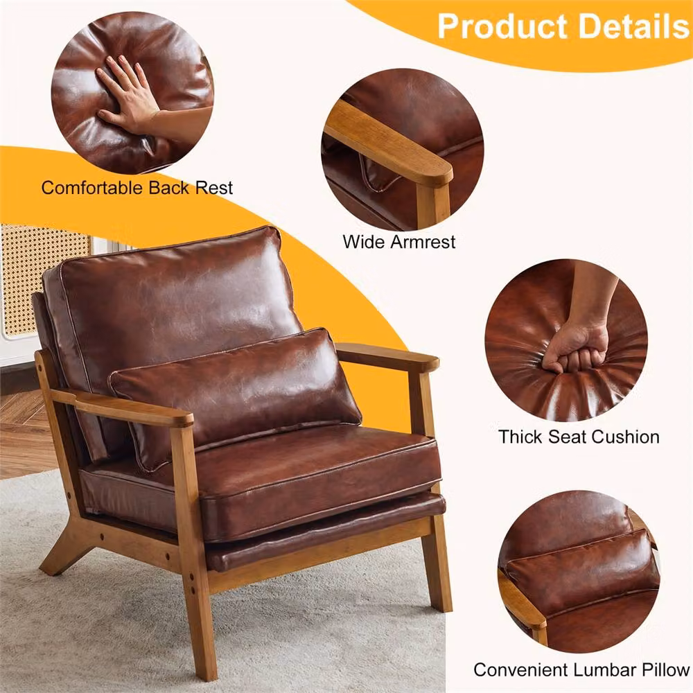 NESTLUNE Brown Mid Century Modern Armchair with Synthetic Leather and Wooden Legs – 3