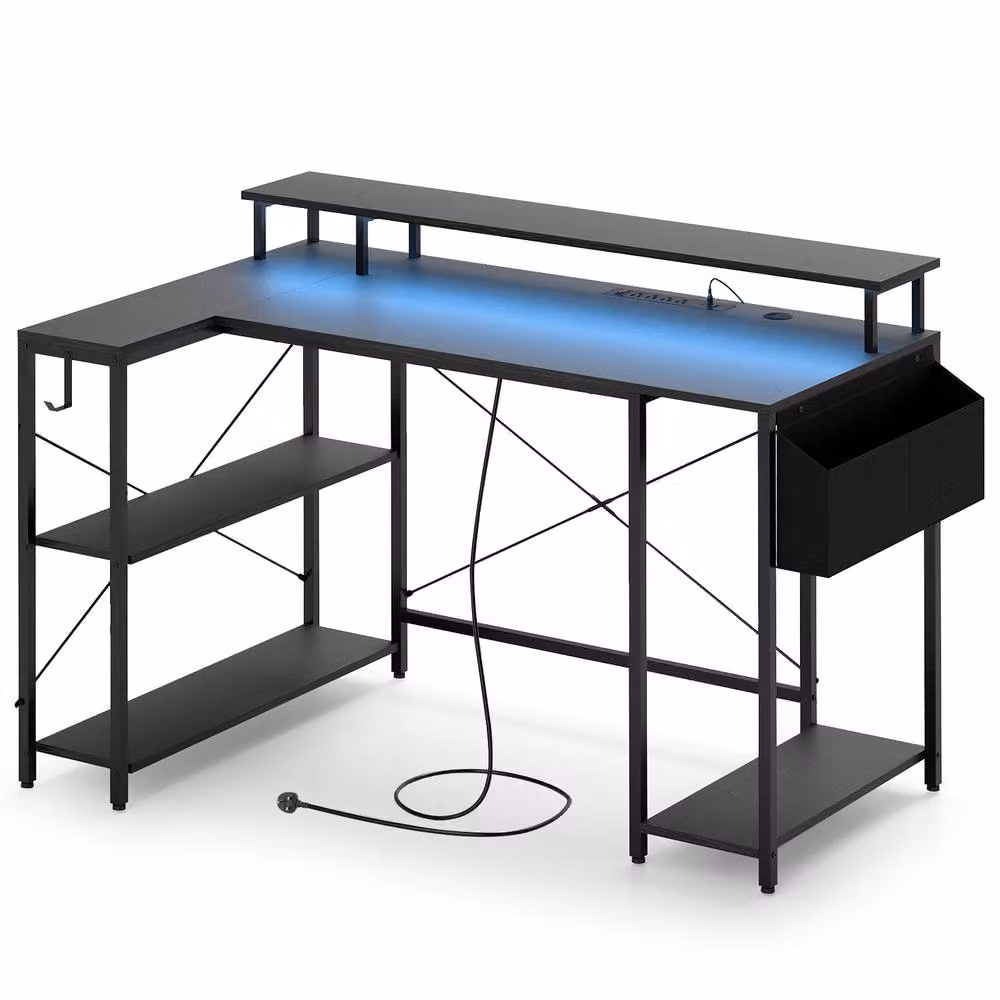 Costway L-Shaped Gaming Desk with LED Lights and Power Outlets in Black – 6