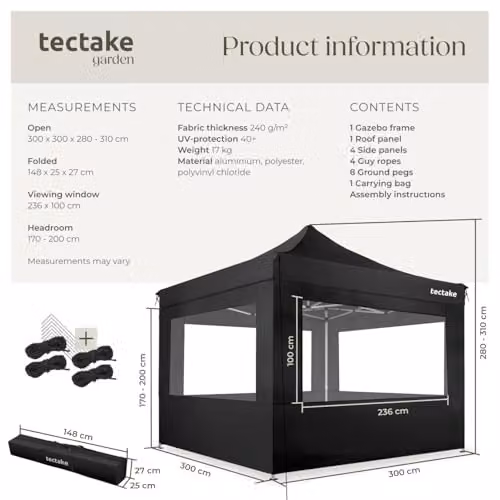 tectake Folding Pop Up Gazebo in Black with Aluminium Frame and Side Panels with Windows, W/D/H: 300 x 300 x 280 cm – 6