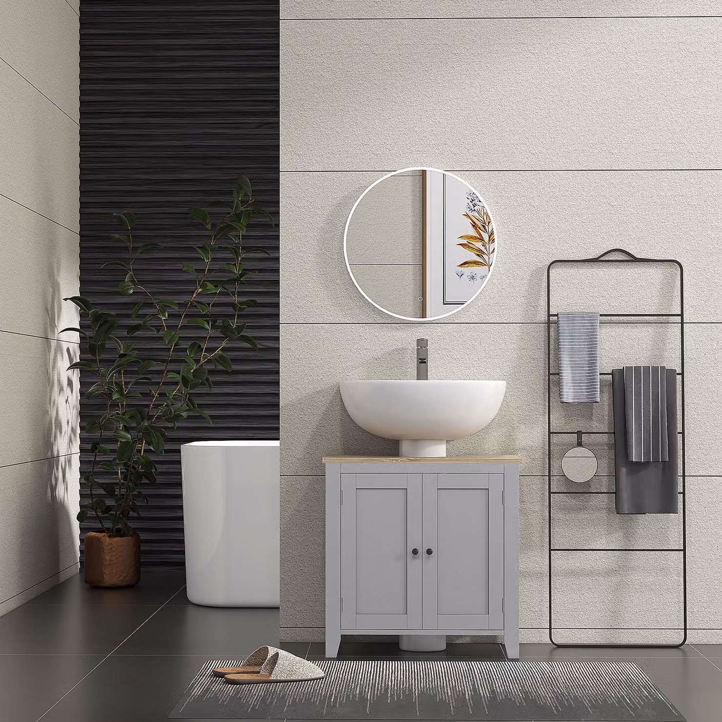 kleankin Grey Freestanding Under Sink Bathroom Cabinet with 2 Hinged Doors and Adjustable Internal Shelf – 4