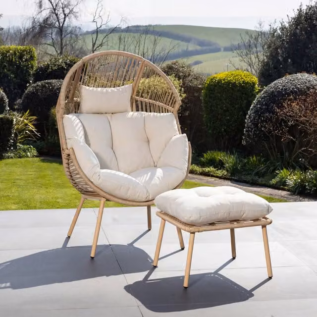 Artemis Home Modern Rattan Egg Chair and Stool in Beige and White