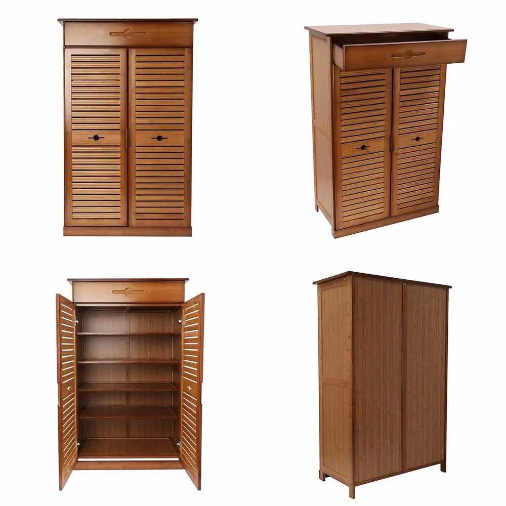 Kelvenix Modern Brown Bamboo Hallway Shoe Rack with Roll Shutter and Internal Drawers – 3