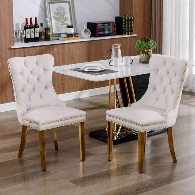 HomeTouch Set of 2 Modern Velvet Dining Chairs in Beige with Gold Metal Legs