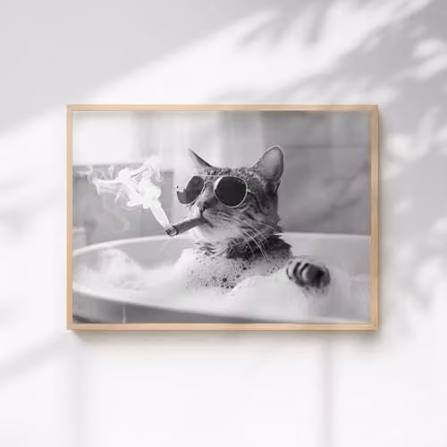 60 Second Makeover Cat Smoking A Cigar In The Bath Quirky Animal Print Paper Poster, A3