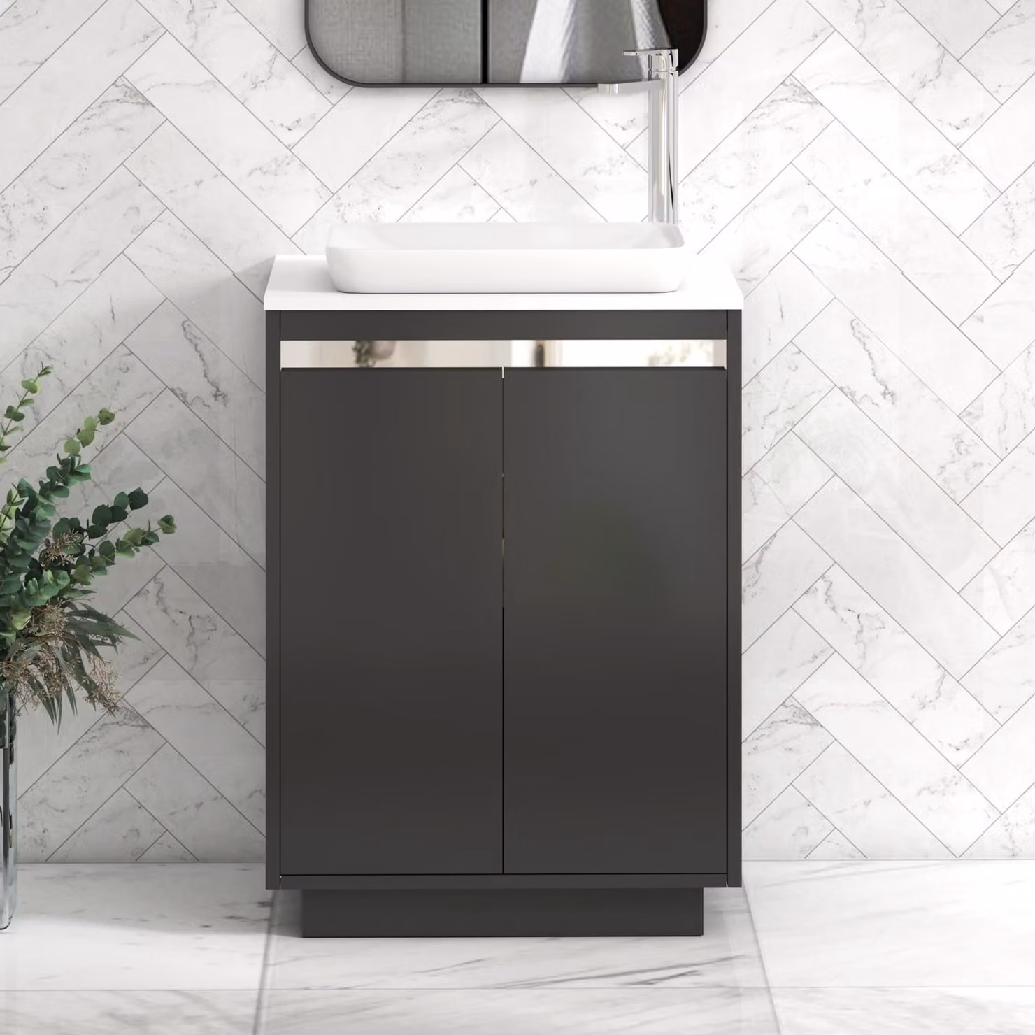 Royal Bathrooms Orion 2 Door Floor Standing Vanity Unit with Qubix Basin in Matt Obsidian Black and Plain White with Chrome Accent Trim, Width: 60 cm