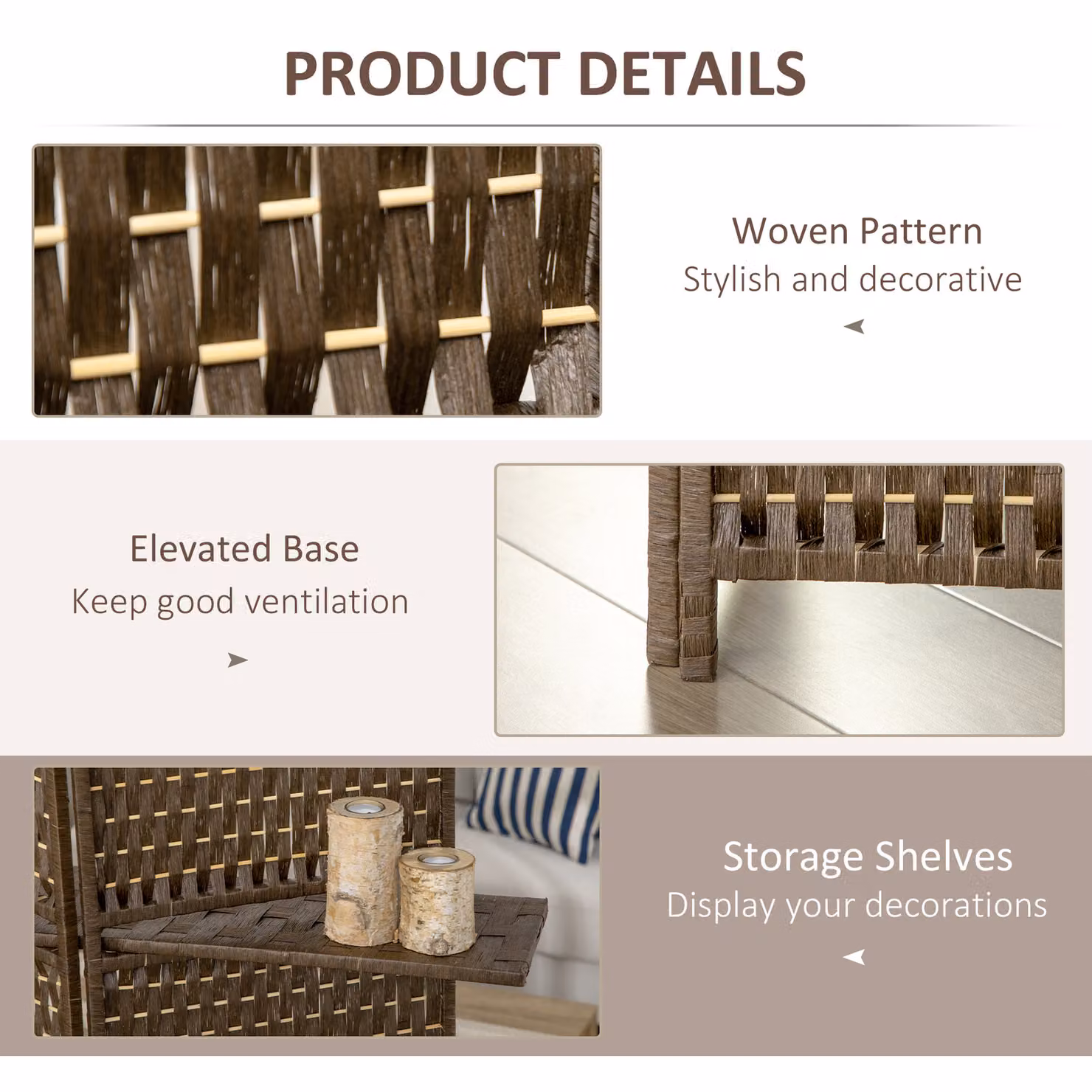 HOMCOM 4-Panel Wave Fibre Room Divider with Shelves, Freestanding Folding Privacy Screen in Brown – 4