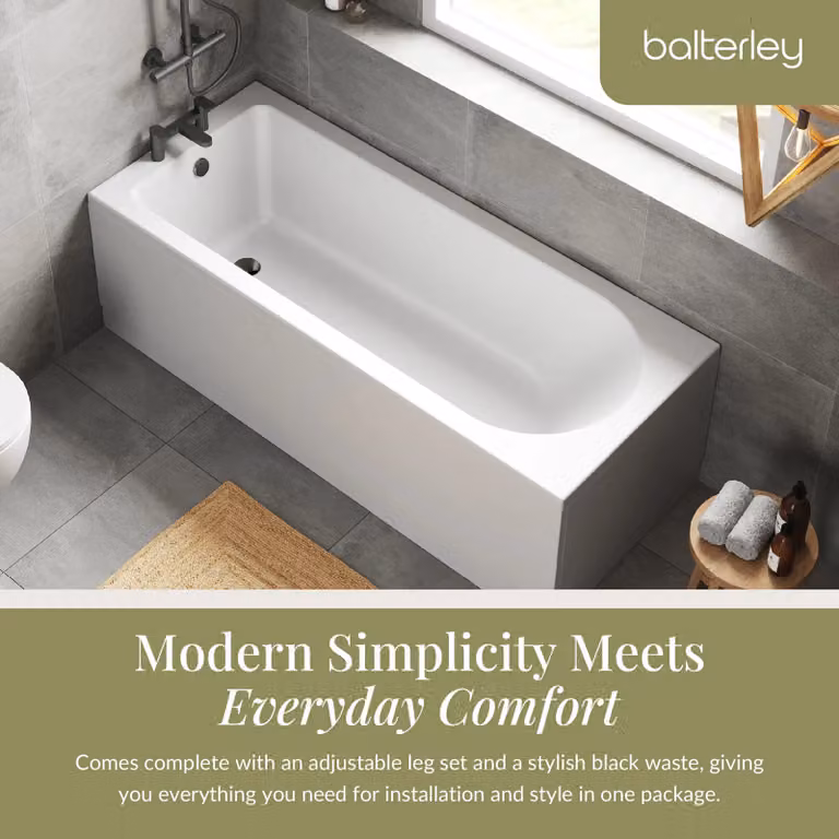 Balterley Round Single Ended Bath Set with Leg Set and Black Waste, White, W: 170 cm, D: 70 cm, H: 35 cm