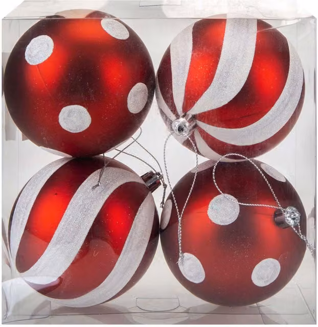 VFM Red and White Candy Cane Striped Baubles (4 Pack) - Christmas Tree Decorations, Diameter: 9 cm – 1