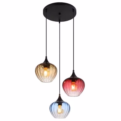 Globo Lighting Netlighting 3-Bulb Pendant Lamp with Multicolour Glass Shades, H 150 cm x W 45 cm