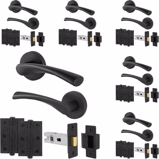 AFIT Matt Black Internal Door Handles with Latch and Rose, 6 Pairs, W/D/H: 15 x 15 x 5.4 cm – 1