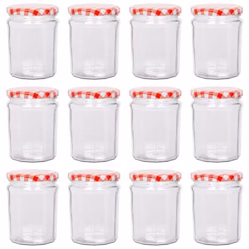 Argon Tableware Glass Jam Jars with Airtight Red Gingham Lids, 380ml, Pack of 12