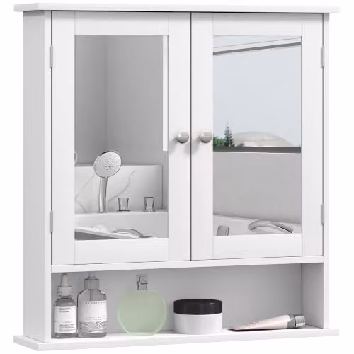 Kleankin Wall Mounted Modern Bathroom Mirror Cabinet in White with Glass Doors and Internal Shelves