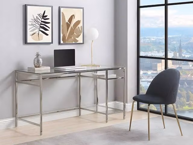 Vente-unique TIZIO 2-Shelf Writing Desk with Transparent Tempered Glass and Silver Steel Frame, W/D/H: 140 x 60 x 75 cm