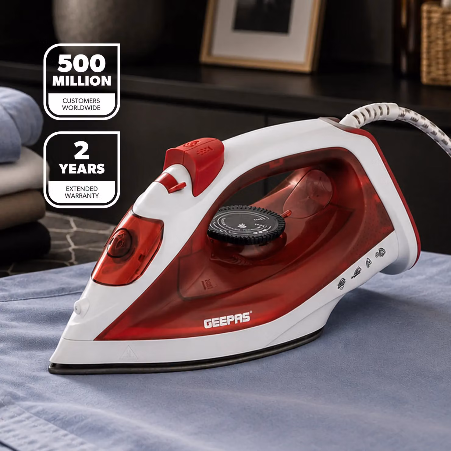 Geepas 1800W Steam Iron with Non-Stick Soleplate and Vertical Steam in Red – 2