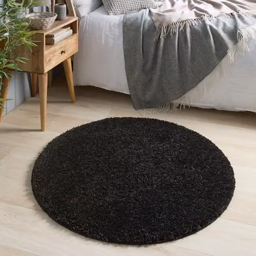 THE RUGS Black Shaggy Round Rug, Washable and Non-Slip, Diameter: 100 cm – 9