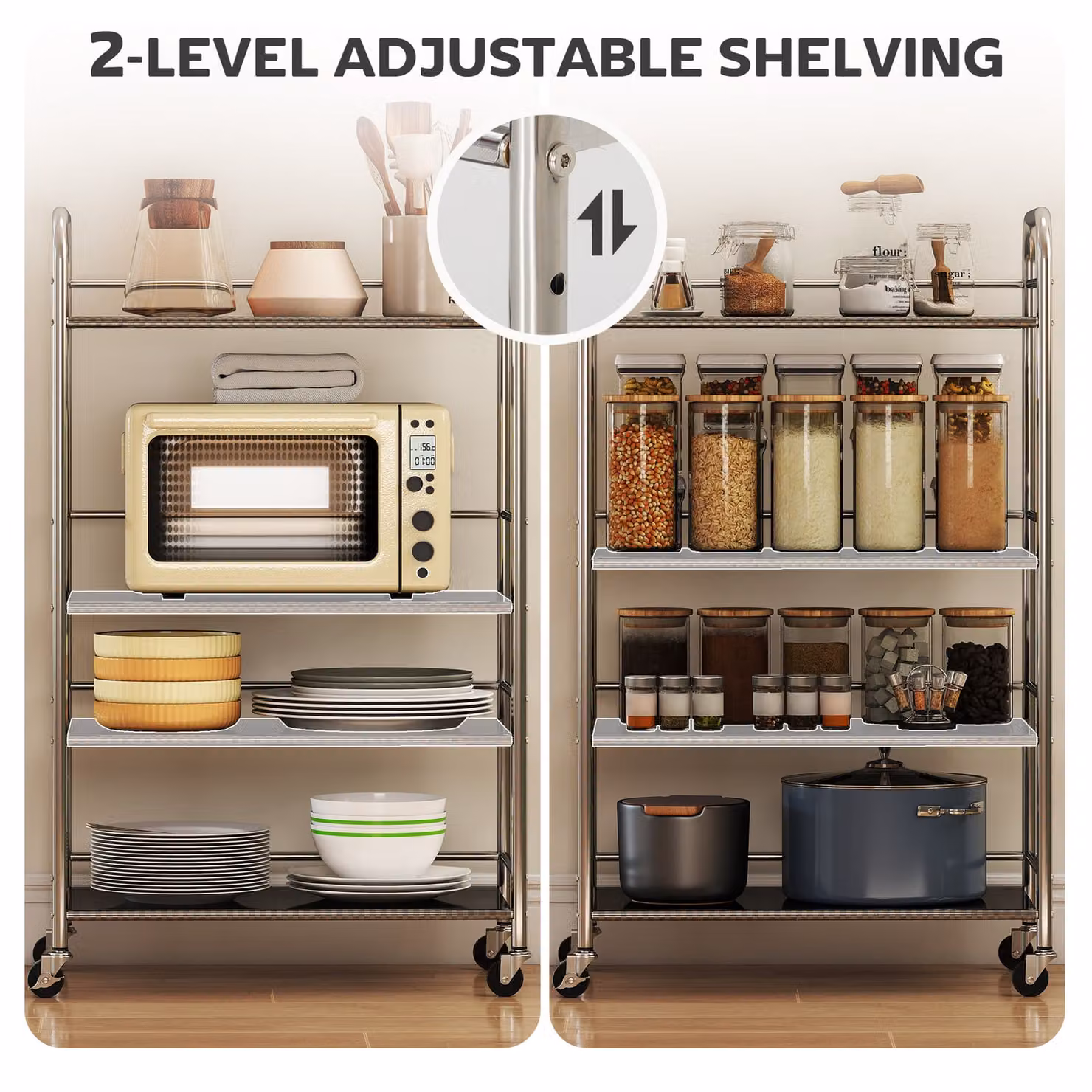 HOMCOM 4 Tier Stainless Steel Kitchen Storage Trolley with Adjustable Shelves, Silver – 4