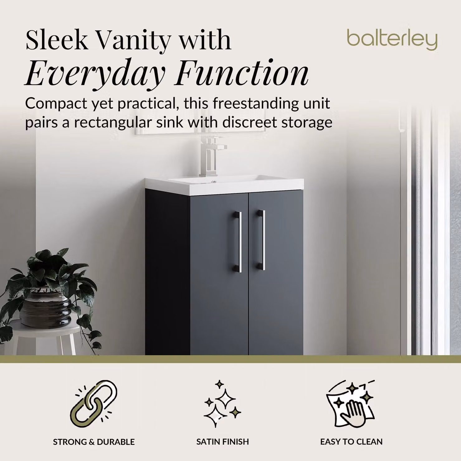 Balterley Modern Freestanding Bathroom Vanity Unit, Grey, W: 50 cm, H: 84 cm – 2