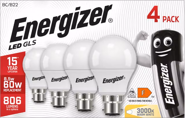 Energizer LED GLS B22 Globe Bulb, 8.5W, 806lm, 3000K Warm White