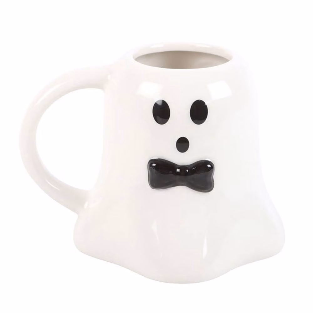 Uniqueful Mr Boo Ghost Shaped Ceramic Mug with Bow Tie in White and Black, 550ml – 2