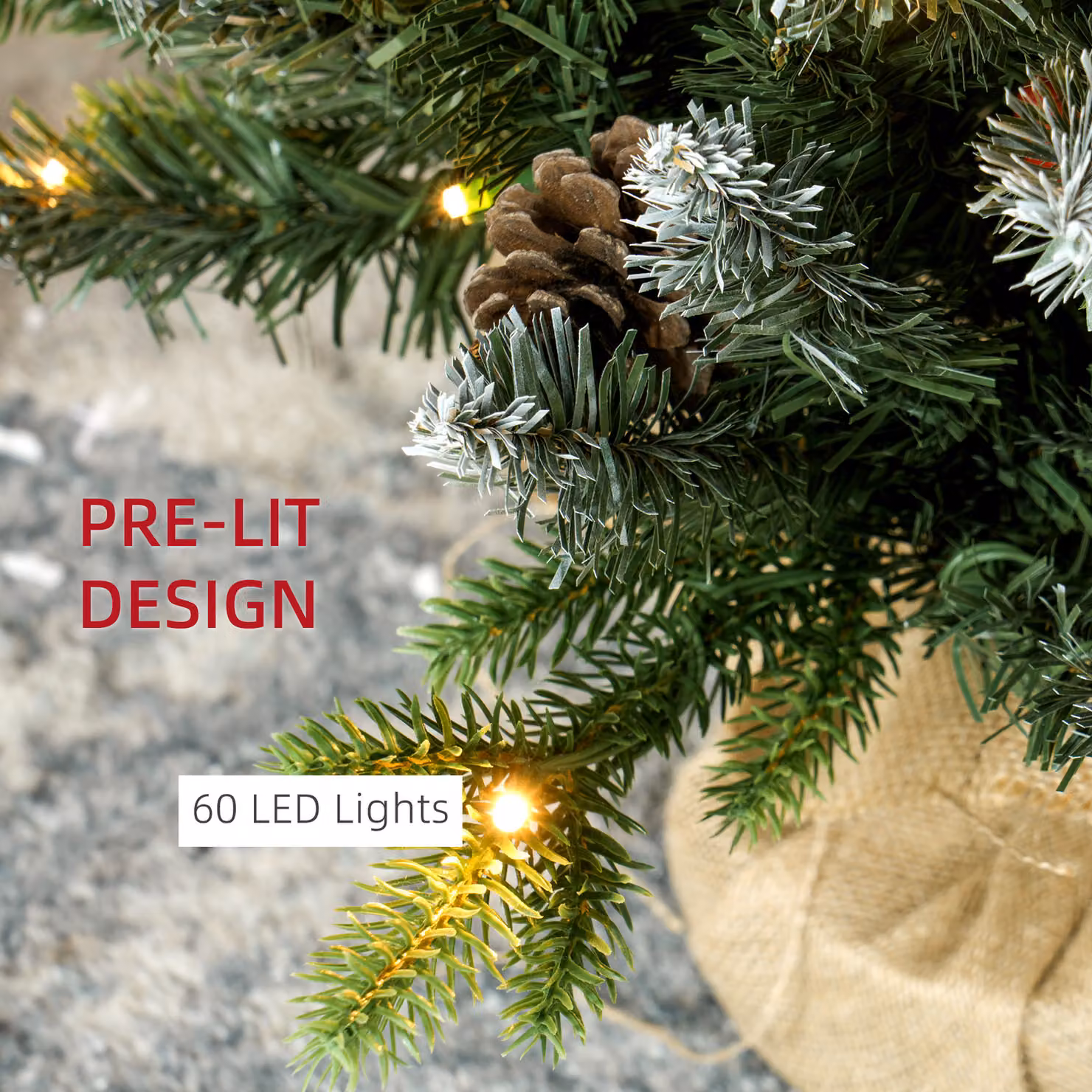 HOMCOM 2 Piece Green Tabletop Christmas Tree Set with Lights, Pine Cones and Red Berries, 3ft – 4