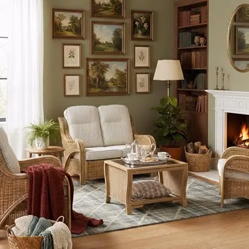 Desser Opera Rattan Conservatory Furniture Set with 2 Seater Sofa and Armchairs in Oak and Beige Fabric – 2