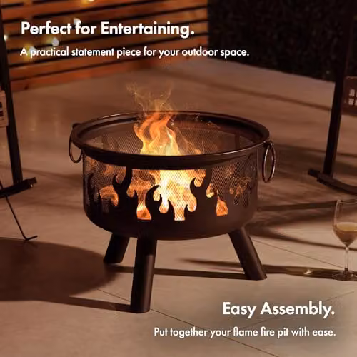 VonHaus Black Bronzed Steel Fire Pit Bowl with Flame Design, Fire Poker and Mesh Guard, W/D/H: 54.5 x 54.5 x 54.5 cm – 2
