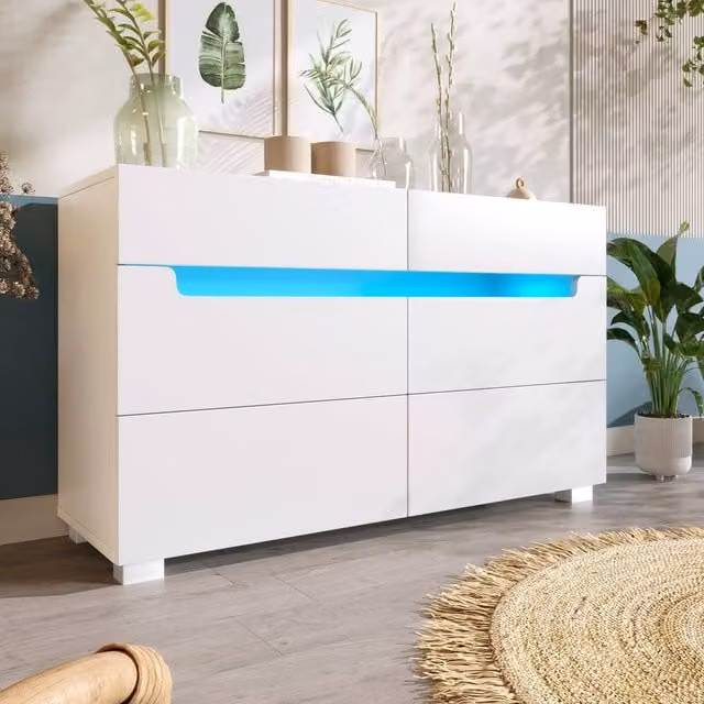 Merax White 6 Drawer Sideboard Cabinet with Integrated LED Lighting W/D/H: 120 x 40 x 71 cm