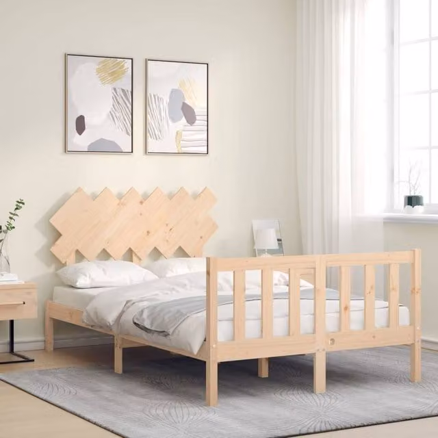 Berkfield Home Beautiful Solid Wood Bed Frame with Headboard in Natural Pine, W/D/H: 120 x 200 x 81 cm