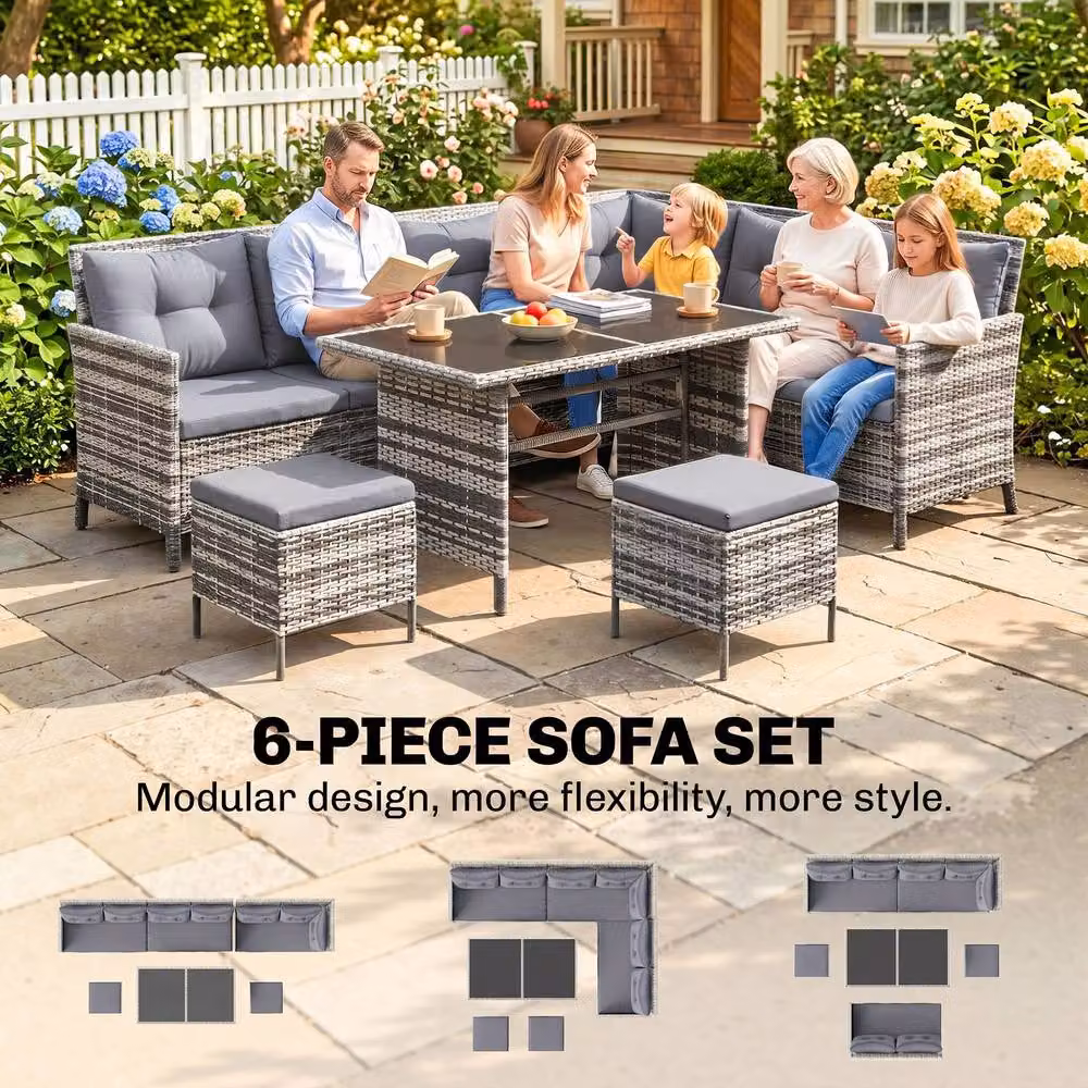OUTSUNNY 6 Piece Rattan Garden Sofa Set with Grey Cushions and Black Wicker Frame – 3