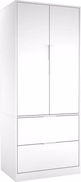 KORVIXA White Minimalist Bedroom Wardrobe with 2 Doors and 2 Drawers, H 180 cm x W 100 cm x D 60 cm